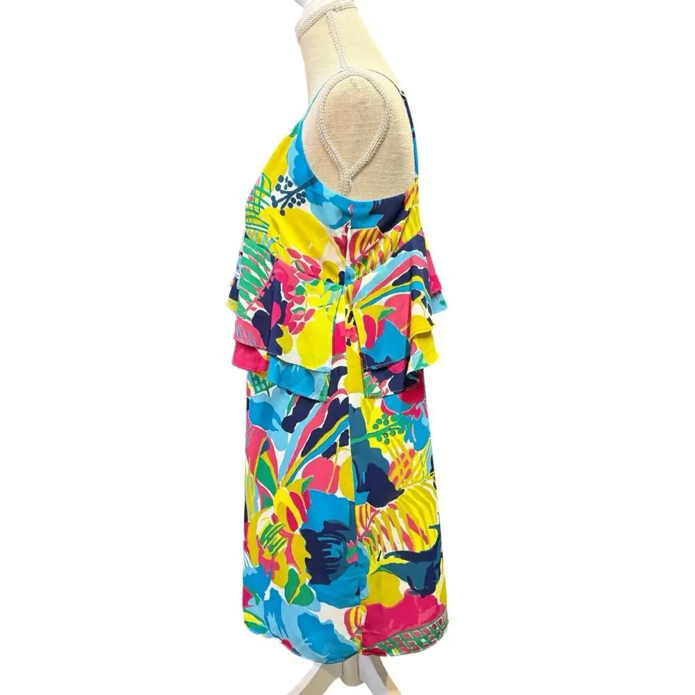 J.Crew Dress Ruffle Front Bright Multi Floral Spaghetti Strap Midi Size 4